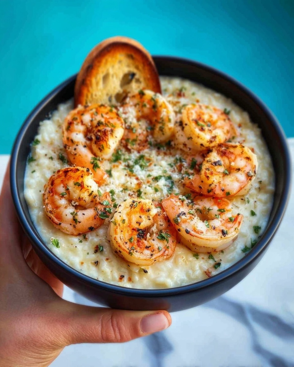 A close-up image shows a woman's hand holding a white bowl filled with a creamy dish topped with several cooked shrimp. The creamy base is light beige with a smooth texture, while the shrimp are golden with a slight char and garnished with green herbs. The bowl is set against a background of white marbled texture. Photo taken with an iphone --ar 4:5 --v 7