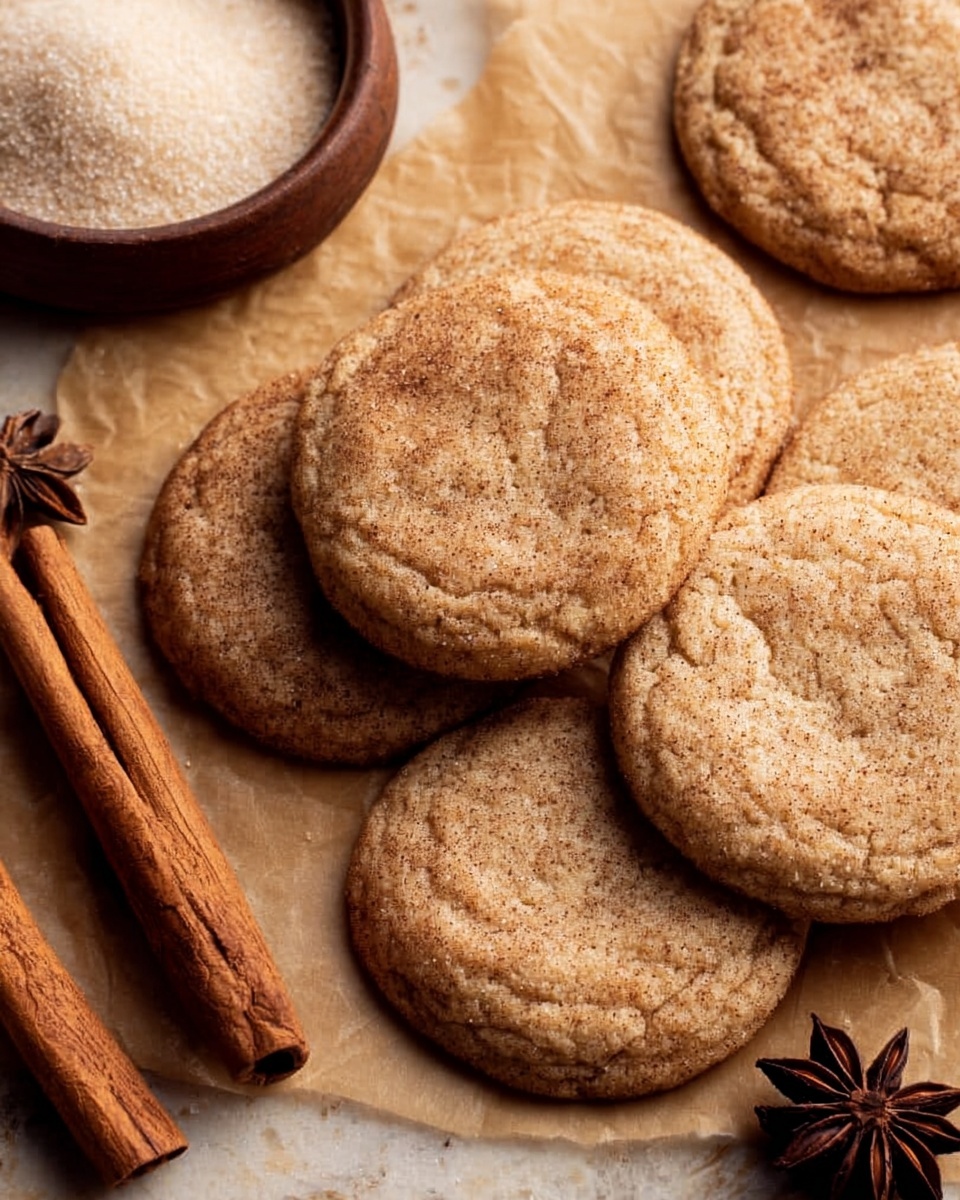 The image shows a close-up of six round cinnamon cookies with a slightly cracked surface and a light brown color, arranged on brown parchment paper on a white marbled texture. Two cinnamon sticks stand upright on the lower left side, and a brown bowl with white sugar is partially visible in the top left corner. A dark brown star anise is placed on the bottom right. The cookies have a rough but soft texture and are spread out naturally in the frame, with some overlapping. Photo taken with an iphone --ar 4:5 --v 7