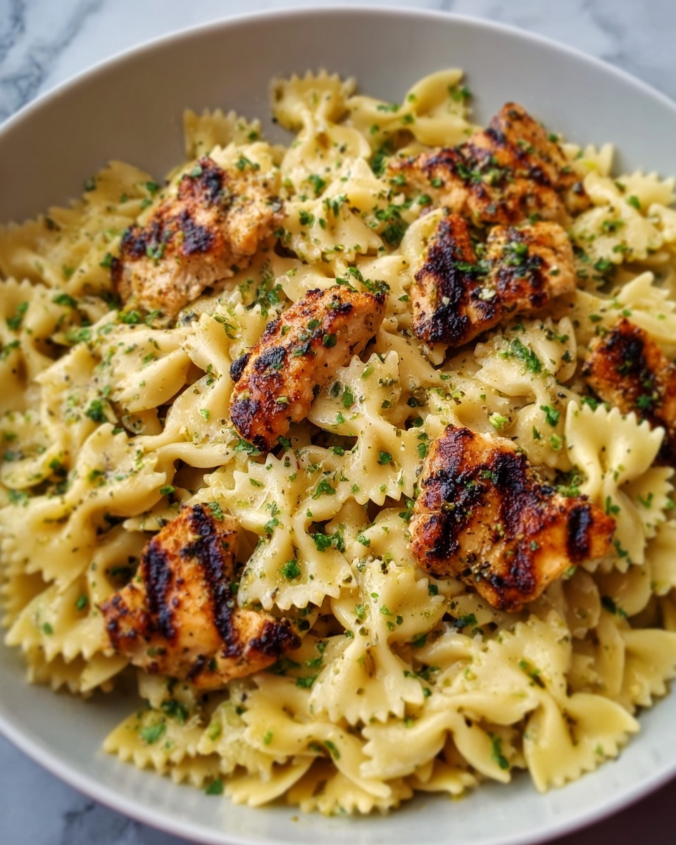 The image shows a white plate filled with bowtie pasta and grilled chicken pieces. The pasta is light yellow with a slightly shiny texture, and it's spread evenly on the plate. On top, there are several pieces of golden-brown grilled chicken with some light charring for texture. The dish is sprinkled with finely chopped green herbs, adding a fresh touch. The white marbled surface underneath gives a clean and bright look to the scene. Photo taken with an iphone --ar 4:5 --v 7