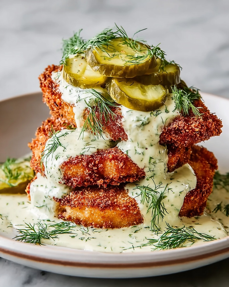A stack of three crispy golden-brown fried fish fillets sits in the center of a white plate with a slight rim. The fish fillets have a crunchy, textured crust and are layered thickly on top of each other. A creamy white sauce with green dill flecks generously drapes over and between the fillets, dripping down the sides. On top of the stack, three thinly sliced green pickles rest, garnished with fresh dill sprigs that add a touch of vibrant green. Extra sauce pools around the base, mingling with more dill and an additional pickle slice on the side. The dish is set against a white marbled surface, emphasizing its rich colors and textures. photo taken with an iphone --ar 4:5 --v 7