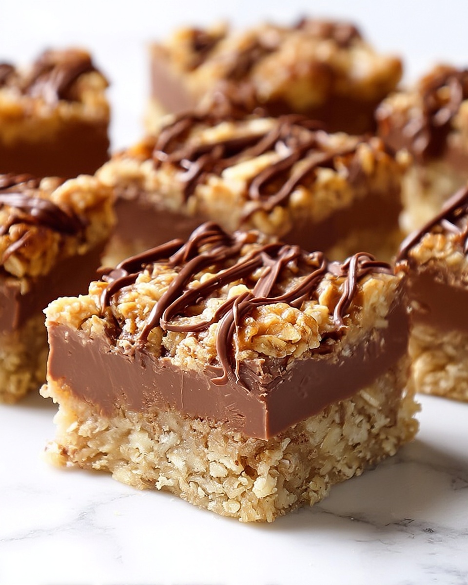 The image shows close-up of oat bars with three visible layers: the bottom layer is a dense, light brown oat crust, the middle layer is thick and smooth milk chocolate filling, and the top layer is a chunky, golden oat topping drizzled with dark chocolate in thin, wavy lines. The bars are cut into square shapes and placed on a white marbled surface. More bars are blurred in the background, creating depth. Photo taken with an iphone --ar 4:5 --v 7