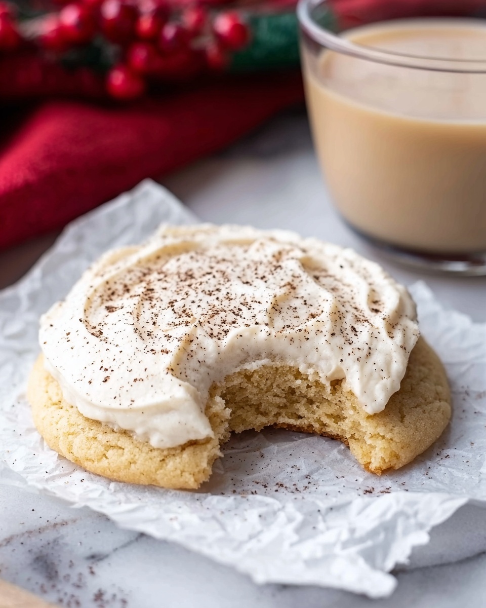 A single cookie with a soft, light golden-brown base topped with a thick, creamy white frosting sprinkled with light brown spice powder, placed on a piece of white parchment paper. The cookie appears moist and slightly crumbly with a bite taken out at the front, showing the texture inside. The background is a white marbled surface, with a clear glass cup of light-colored cream beverage blurred in the top left and red berries with a red cloth in the distant background. Photo taken with an iphone --ar 4:5 --v 7