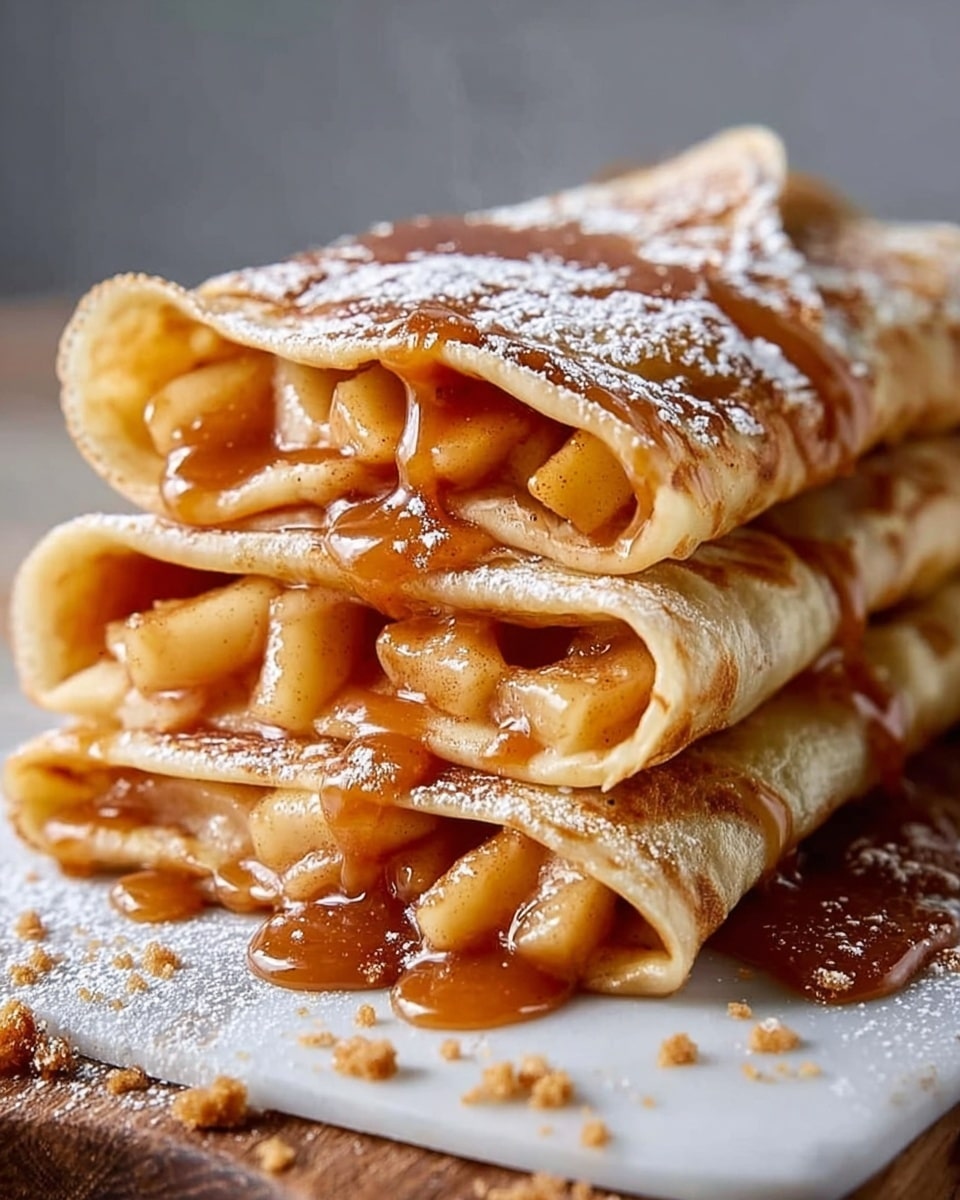 A stack of three golden-brown crepes folded into rectangles and placed one on top of another, each layer thin with a slightly crispy edge. Between the crepes, a thick, glossy caramel sauce with chunks of cooked apple fills the layers, some apples spilling slightly out the sides. The top crepe is sprinkled with powdered sugar and small bits of crushed walnuts. The stack sits on a wooden board dusted lightly with powdered sugar and cinnamon. A white marbled surface is under the board, and soft steam rises gently from the warm crepes. Photo taken with an iphone --ar 4:5 --v 7