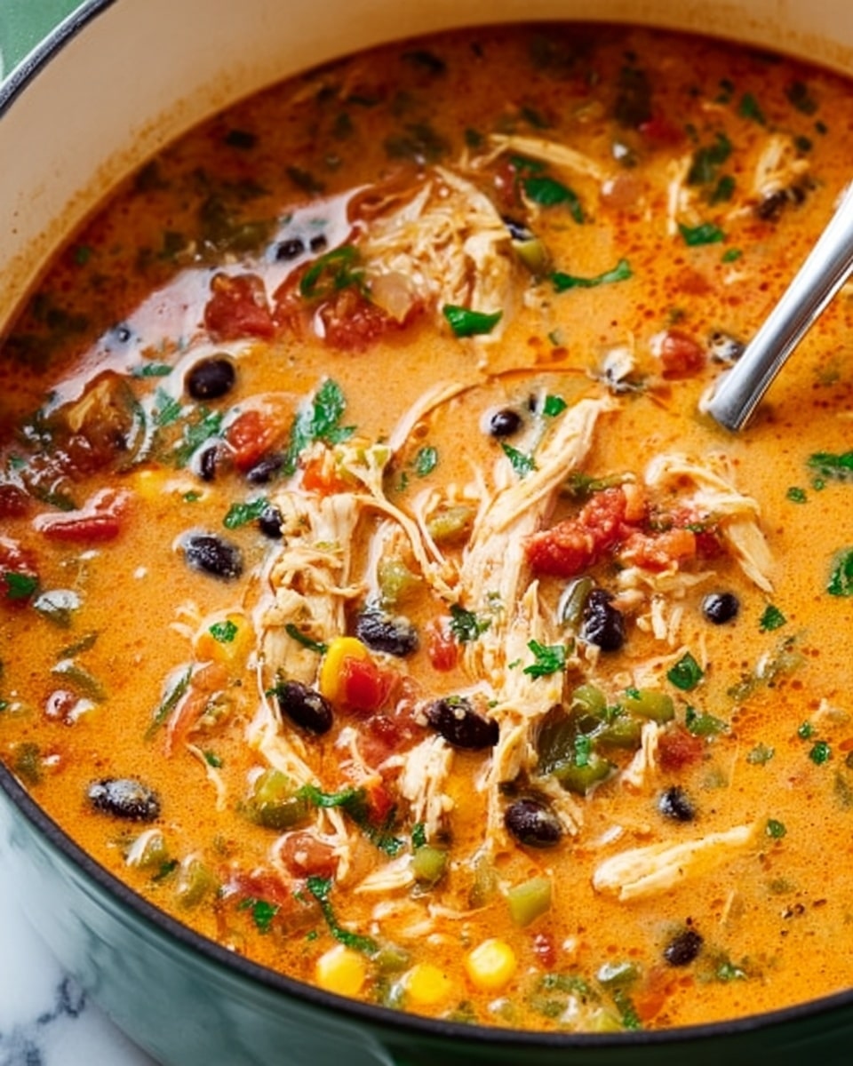 A close-up view of a rich, creamy orange soup filled with shredded chicken, black beans, corn kernels, diced tomatoes, and chopped green peppers all mixed together. Fresh green herbs are sprinkled on top, adding color and texture. The soup is in a white pot with a silver ladle resting inside on one side. The whole scene is set on a white marbled surface. photo taken with an iphone --ar 4:5 --v 7
