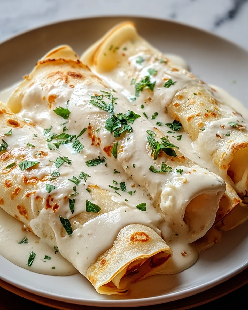 The image shows three rolled crepes placed side by side on a white plate. Each crepe is golden brown with a light crispy texture on the edges. They are covered generously with a smooth, creamy, white sauce that flows over the crepes and pools slightly around them. Sprinkled on top of the sauce are small pieces of fresh green herbs, adding color and freshness to the dish. The plate is set on a white marbled surface that enhances the softness and warmth of the food. photo taken with an iphone --ar 4:5 --v 7