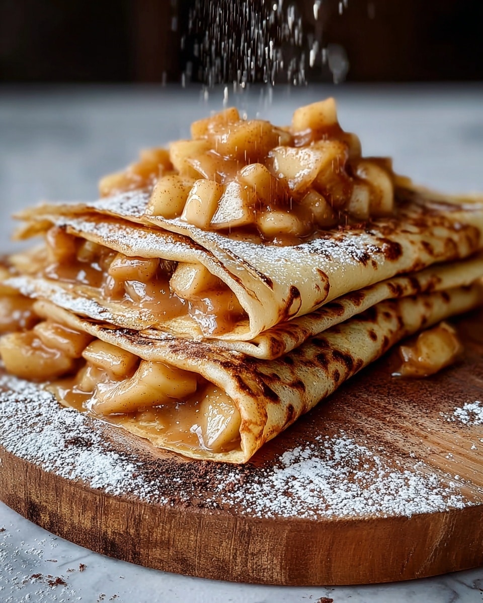 A stack of three folded crepes sits on a round wooden board dusted with powdered sugar and cocoa powder, each crepe golden brown with darker spots showing light crispiness. Between each crepe are soft, caramelized apple pieces covered in a smooth, glossy cinnamon sauce that oozes slightly out of the edges. On top, more apple chunks are piled, with steam rising gently above them, and a sprinkle of powdered sugar falls in midair. The surface underneath is a white marbled texture. photo taken with an iphone --ar 4:5 --v 7