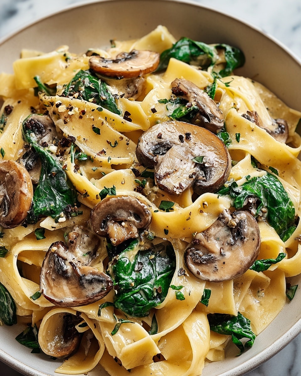 The dish is a close-up of creamy fettuccine pasta served in a white plate, layered with light yellow, smooth and wide pasta ribbons as the base. On top, there are several slices of sautéed brown mushrooms scattered evenly, adding a rich texture. Interspersed among the pasta and mushrooms are vibrant dark green spinach leaves, adding color contrast and freshness to the dish. The entire meal is coated in a creamy, light beige sauce that glistens under the light, with a sprinkle of finely chopped herbs and cracked black pepper spread on top, enhancing the visual details. The background features a white marbled texture, creating a clean and elegant setting. photo taken with an iphone --ar 4:5 --v 7