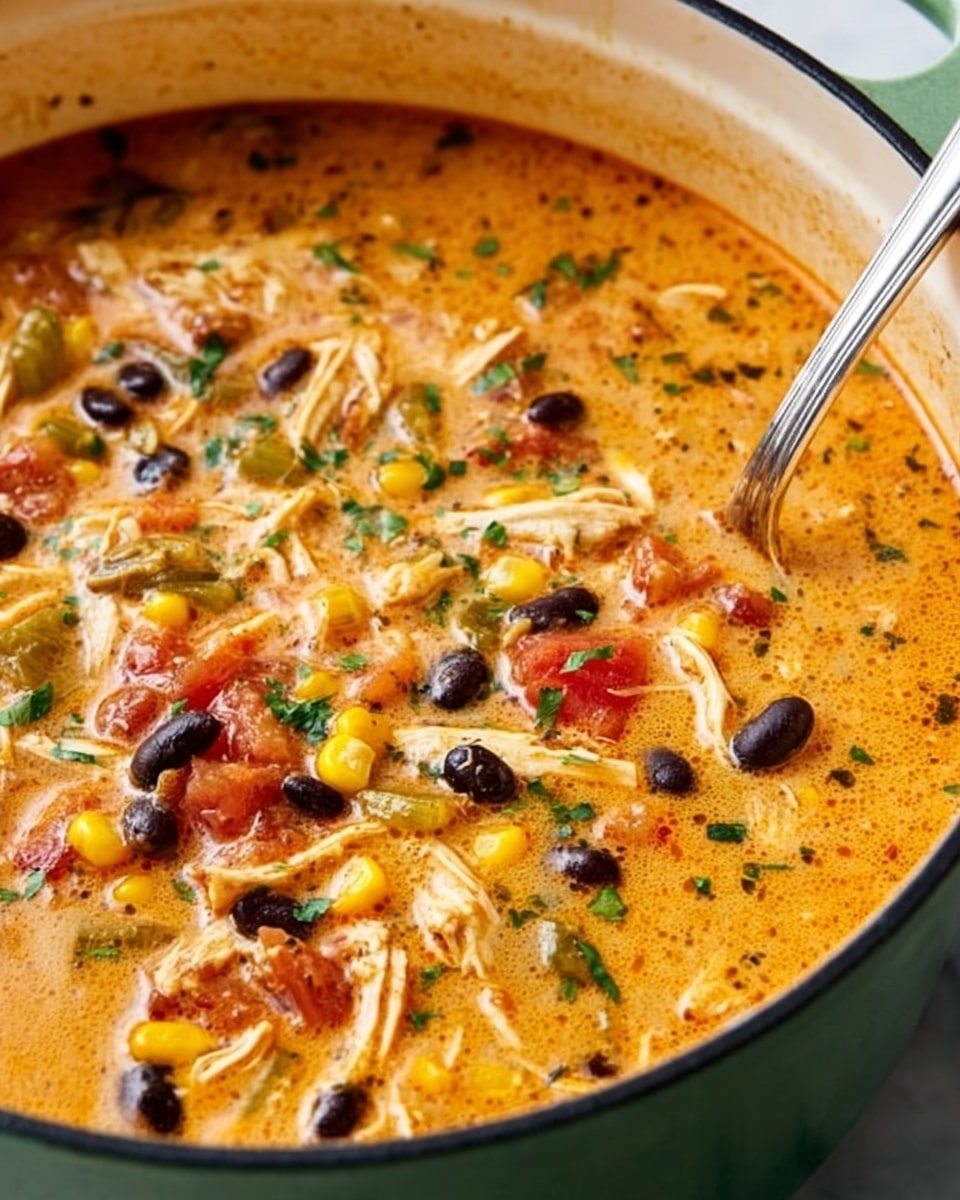 The image shows a close-up of a creamy soup filled with shredded chicken, black beans, corn, diced tomatoes, and chopped green peppers, all floating in an orange broth. The soup is garnished with small bits of green herbs, adding a fresh touch. It is served in a white bowl, and a silver spoon rests inside it. The bowl is placed on a white marbled surface. photo taken with an iphone --ar 4:5 --v 7