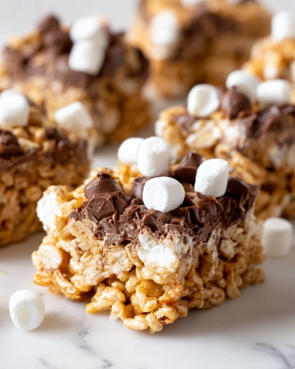 The image shows a close-up of soft, chewy bars made with layers of golden cereal, white marshmallows, and melted chocolate chunks. The bars are cut into square pieces, revealing a mix of crispy cereal at the bottom, gooey melted marshmallow in the middle, and rich dark brown chocolate on top. Small, white, round mini marshmallows are scattered throughout the bars, adding extra texture. The bars rest on a white marbled surface, with more squares visible in the blurry background for depth. Photo taken with an iphone --ar 4:5 --v 7