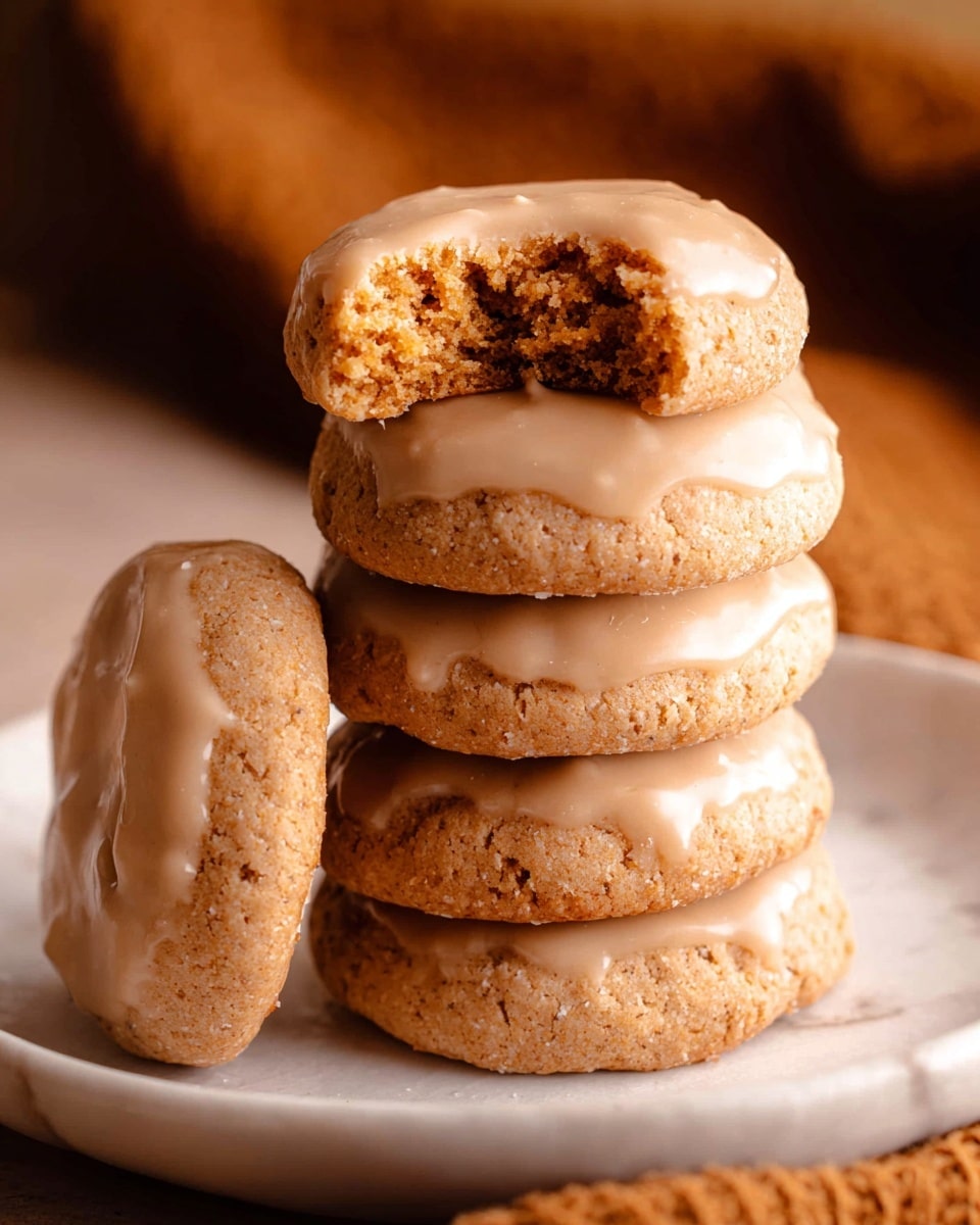 A stack of five round cookies is shown on a white plate sitting on a white marbled surface. Each cookie has a light brown crumbly base covered by a smooth, pale beige icing on top. The top cookie has a bite taken out of it, revealing a soft and slightly grainy texture inside. One extra cookie leans against the stack on the right, showing its full side with the same crumbly base and pale icing covering the top. The background is out of focus and warm brown in color. photo taken with an iphone --ar 4:5 --v 7