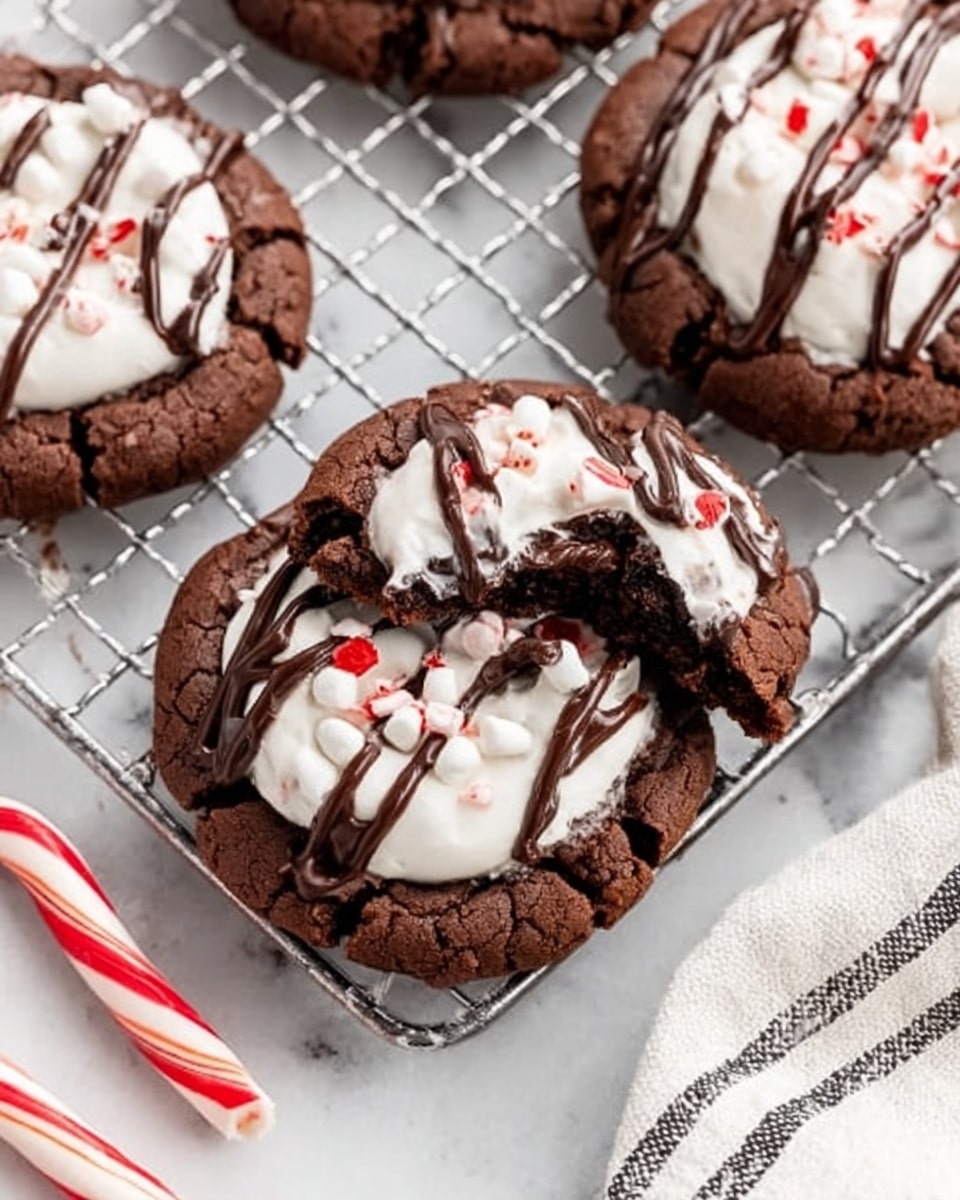 The image shows thick, round chocolate cookies with a soft texture, each topped with a large, melted white marshmallow that has red bits mixed inside it. The marshmallow is drizzled with thin lines of dark chocolate sauce, adding contrast. One cookie is slightly broken, showing the gooey marshmallow inside. The cookies are placed on a white wire cooling rack set on a white marbled surface. A candy cane with red and white stripes is placed near the bottom left corner. A white cloth with black lines partially appears at the bottom right. Photo taken with an iphone --ar 4:5 --v 7