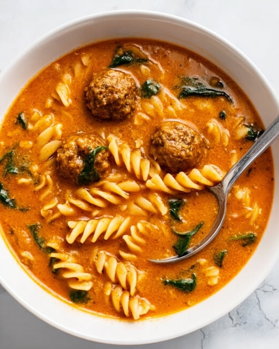 The image shows a white bowl filled with a thick, orange tomato soup that has a smooth and slightly chunky texture. Inside the soup, there are several spiral pasta pieces, light beige in color, and four round brown meatballs floating on top. Small green spinach leaves are scattered throughout the soup, adding contrast. A silver spoon rests inside the bowl on the right side, partially submerged in the soup. The bowl is placed on a white marbled surface, creating a clean and bright background. Photo taken with an iphone --ar 4:5 --v 7