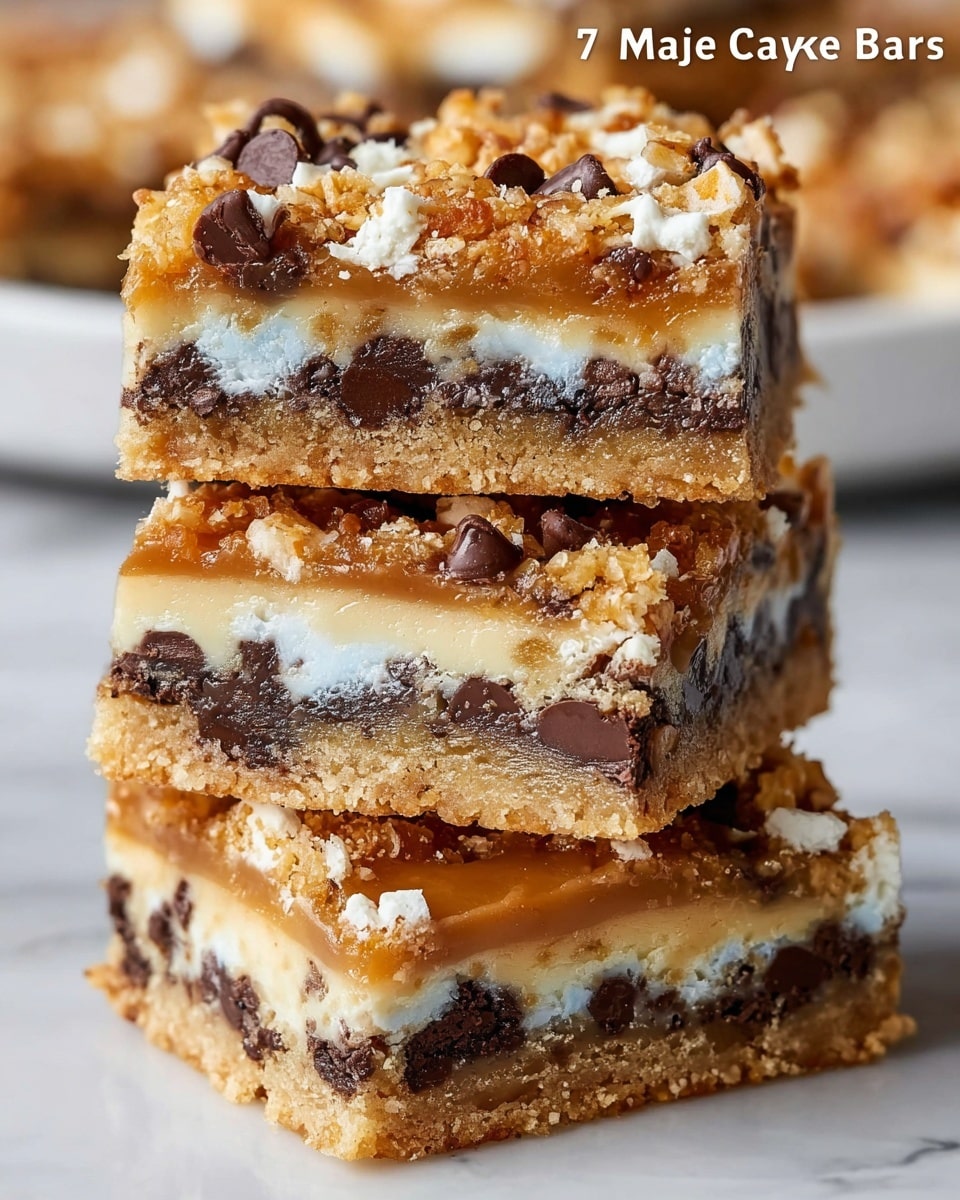 A close-up view of three 7-layer cookie bars stacked on a white plate, placed on a white marbled surface. Each bar shows seven layers: a bottom golden-brown cookie crust, followed by a dark chocolate chip layer, then a creamy light tan layer, a white layer with soft texture, another layer with chocolate chips, a gooey caramel-like layer sprinkled with chopped nuts, and a crumbly golden topping mixed with chocolate chunks. The bars look thick and moist with a mix of smooth and crunchy textures, with pieces of chocolate chips embedded throughout the layers. Photo taken with an iphone --ar 4:5 --v 7