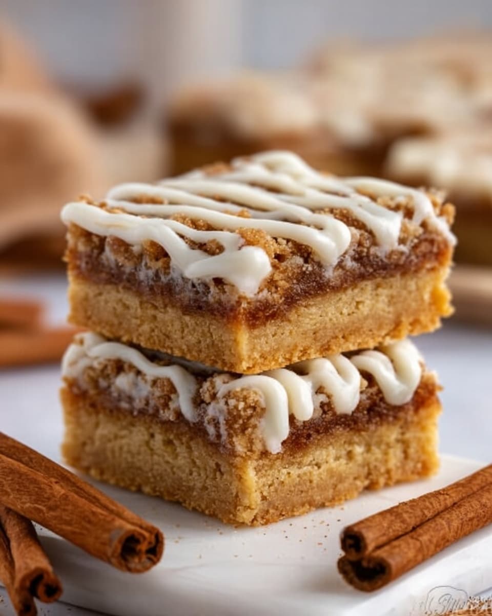 The image shows two square pieces of crumbly dessert stacked on top of each other on a white marbled surface. The top layer is golden brown with a rough, crunchy texture, and a white drizzle of icing runs in wavy lines across it. The bottom layer is a lighter golden color, softer and more crumbly, with another thin line of white icing between the two pieces. There are cinnamon sticks placed near the dessert, adding a warm tone to the scene. Photo taken with an iphone --ar 4:5 --v 7