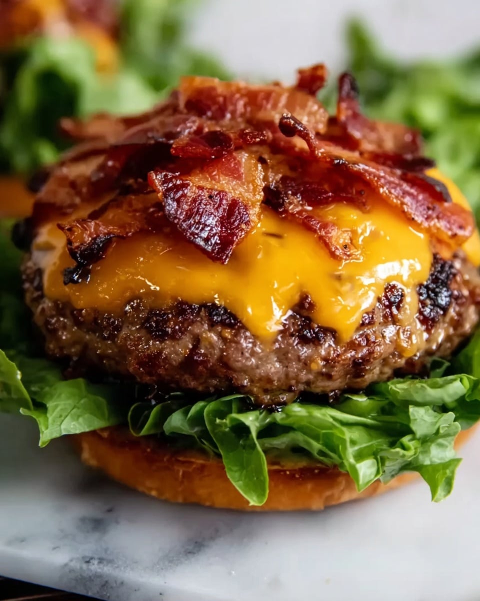 A close-up image of a cooked burger patty topped with melted yellow cheddar cheese that covers the entire surface of the patty, and crispy, brown strips of bacon placed in a cross pattern on top. The patty rests on a bed of fresh green leafy lettuce. The background shows more similar burgers and small pieces of red tomato, with the whole scene set on a white marbled texture. Photo taken with an iphone --ar 4:5 --v 7