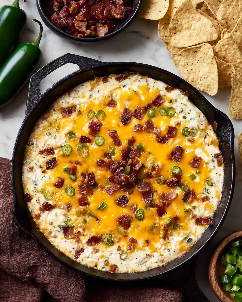 A black cast iron skillet filled with three visible layers: the bottom layer is creamy white with small bits of green herbs mixed inside, the middle layer is bright melted yellow cheddar cheese covering the surface, and the top layer has small scattered pieces of crispy brown bacon and diced green peppers mostly in the center. The skillet sits on a white marbled texture with white tortilla chips around it, a dark brown cloth partially under the skillet, two green jalapeños to the left, a black bowl with extra bacon at the top left, and a small wooden bowl of diced green peppers at the right. Photo taken with an iphone --ar 4:5 --v 7