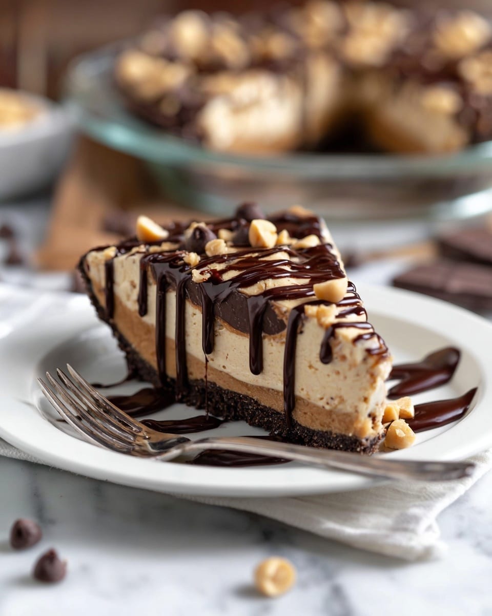 A slice of pie has three main layers: a dark brown crumbly base, two alternating layers of creamy light brown filling and thin dark chocolate lines running horizontally inside the filling. The top is covered with thick dark chocolate sauce dripping down the sides, sprinkled with small chunks of light brown nuts and dark chocolate chips. The slice sits on a white plate with a silver fork placed to the left, with some chocolate chips scattered around the plate. The background shows a glass pie dish with more pie and a blurred white cloth over a white marbled texture surface. Photo taken with an iphone --ar 4:5 --v 7