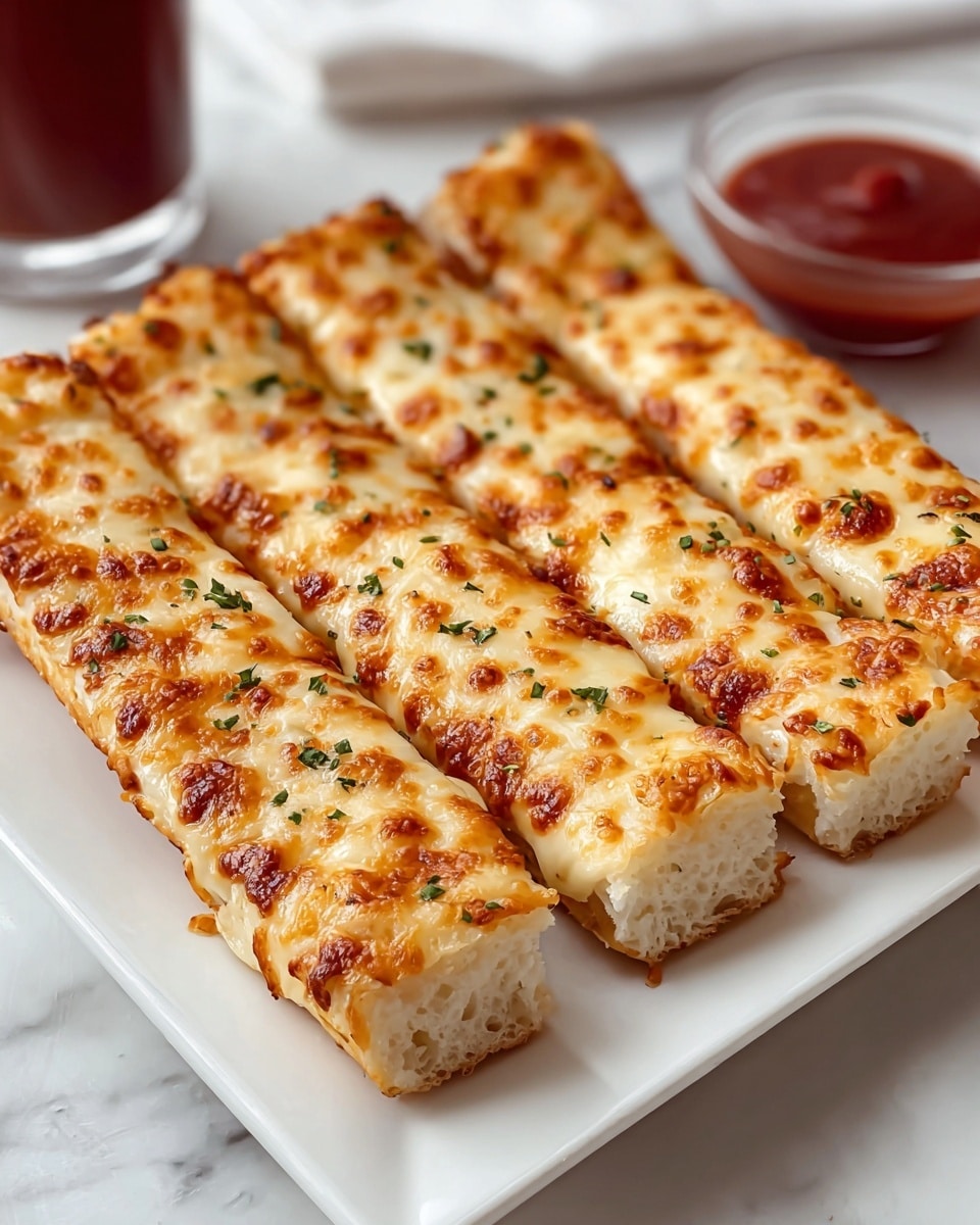 Four long, rectangular breadsticks with a golden-brown top layer of melted, bubbly cheese are neatly lined up on a white square plate. The bread underneath looks soft and white with slightly toasted edges. Small bits of green herbs are sprinkled evenly over the cheese, adding texture and color. In the background, there is a small clear glass bowl filled with red dipping sauce, slightly blurred. The plate rests on a white marbled surface, creating a clean and bright setting. photo taken with an iphone --ar 4:5 --v 7