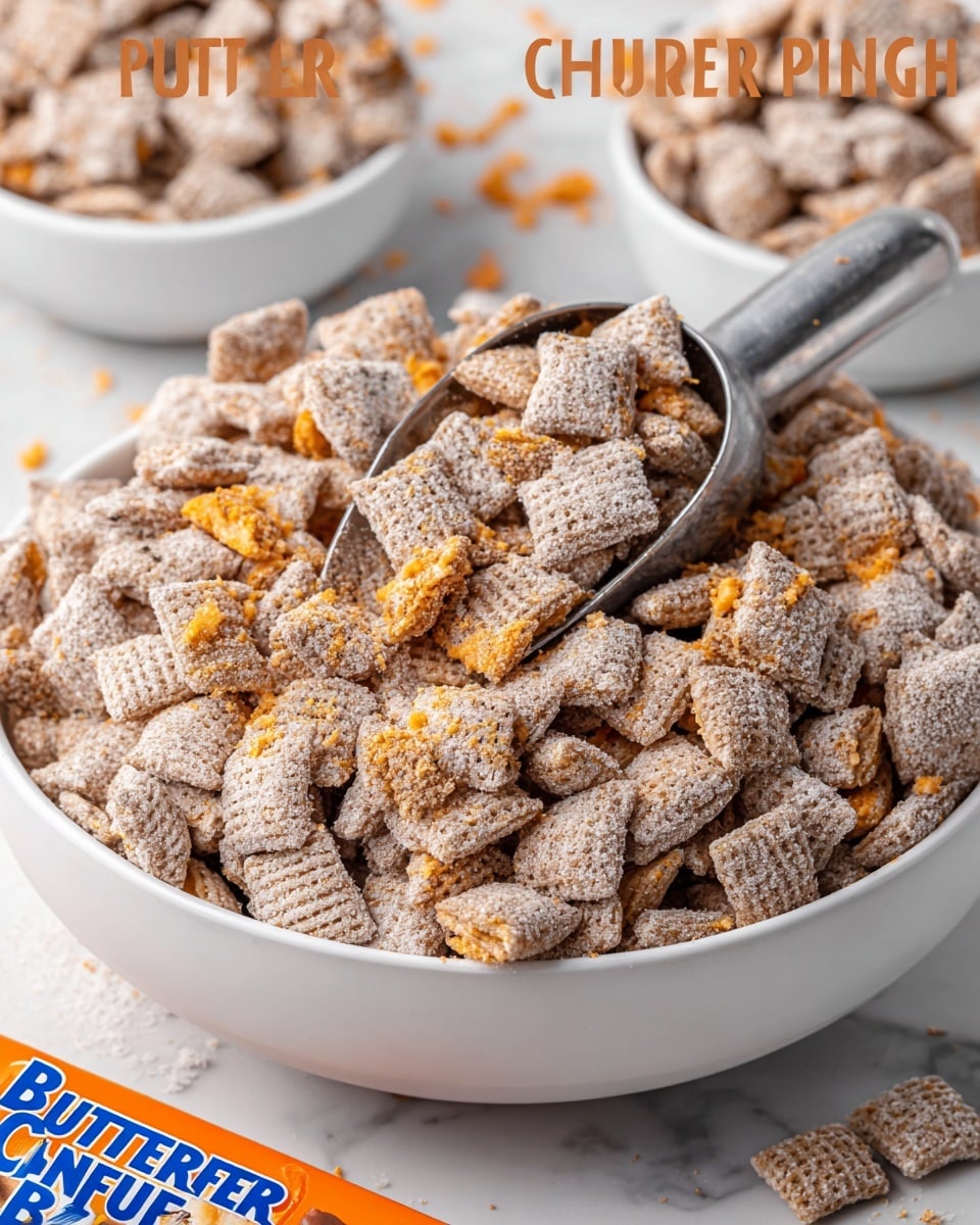 A large white bowl filled with Butterfinger puppy chow, which consists of small square cereal pieces coated in a light brown powder and mixed with small broken pieces of bright orange Butterfinger candy, creating a rough and crunchy texture. A metal scoop rests inside the bowl, partially buried in the puppy chow, with some pieces spilling out. In the background, there are portions of the snack in other white bowls on a white marbled surface. A partially visible Butterfinger candy bar is placed at the bottom edge of the image. The lighting is bright and even, highlighting the details and textures well. Photo taken with an iphone --ar 4:5 --v 7