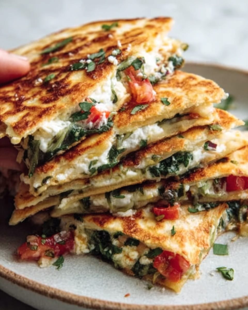 The image shows a close-up of a quesadilla cut into triangles and stacked on a simple white plate. Each triangle reveals a golden-brown crispy outer layer with melted cheese peeking out along the edges. Inside, there are visible layers of white cheese, green spinach or herbs, and small pieces of red tomato scattered on top. The top has some melted cheese spots and hints of fresh green herbs. A woman's hand is reaching into the stack, grabbing one piece. The background is a white marbled surface. photo taken with an iphone --ar 4:5 --v 7