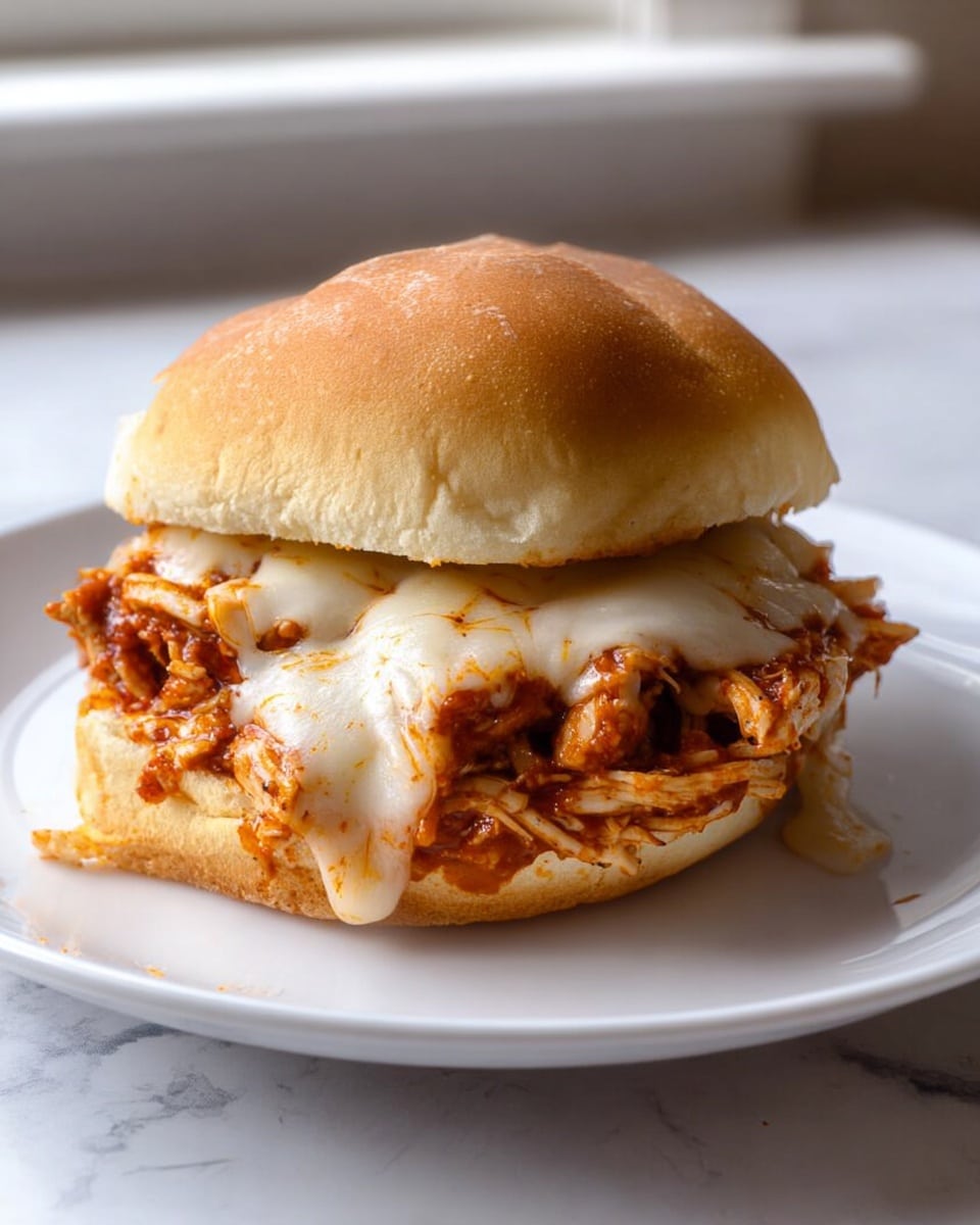 A close-up of a pulled chicken sandwich on a soft, light golden brown bun. The sandwich has two main layers: shredded chicken covered in a reddish-brown sauce, topped with melted white cheese that is slightly gooey and spread unevenly over the chicken. The sandwich sits on a clean white plate with a white marbled texture in the background. The top bun is slightly puffed and smooth. photo taken with an iphone --ar 4:5 --v 7
