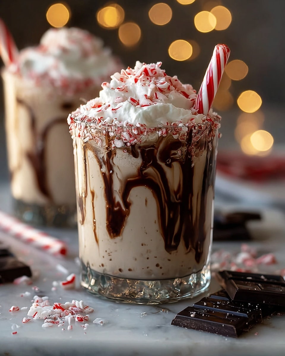 A glass filled with a creamy light beige drink swirled with thick dark brown chocolate syrup running down inside the glass. The drink is topped with a thick white whipped cream layer sprinkled generously with crushed red and white peppermint candy pieces. A small full red and white striped candy cane sticks out from the whipped cream. The glass sits on a white marbled surface with scattered bits of peppermint candy and broken pieces of dark chocolate around it, with another similar glass blurred in the background, warm golden bokeh lights adding a cozy feel. Photo taken with an iphone --ar 4:5 --v 7