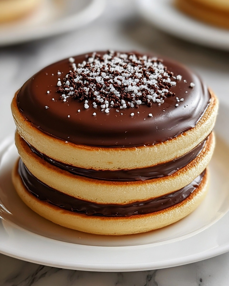 A stack of three thick, soft pancakes with light golden brown edges sits on a shiny white plate. Each pancake is topped with a smooth, dark chocolate layer that covers the top fully, except the top pancake which has a small central cluster of chocolate bits sprinkled with white sugar crystals. The pancakes show a soft and slightly spongy texture, while the chocolate is glossy and rich, contrasting with the pale pancake layers. The plate rests on a white marbled surface. photo taken with an iphone --ar 4:5 --v 7