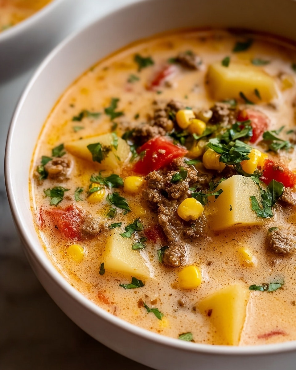 A close-up view of a creamy soup in a white bowl, filled with visible chunks of ground meat, yellow corn, red tomato pieces, and light yellow potato cubes. The soup has a smooth beige broth with a slightly oily surface, sprinkled with chopped fresh green herbs on top for garnish. The colors are warm with varied textures from the soft broth to the chunky vegetables and meat. The bowl sits on a white marbled surface. photo taken with an iphone --ar 4:5 --v 7