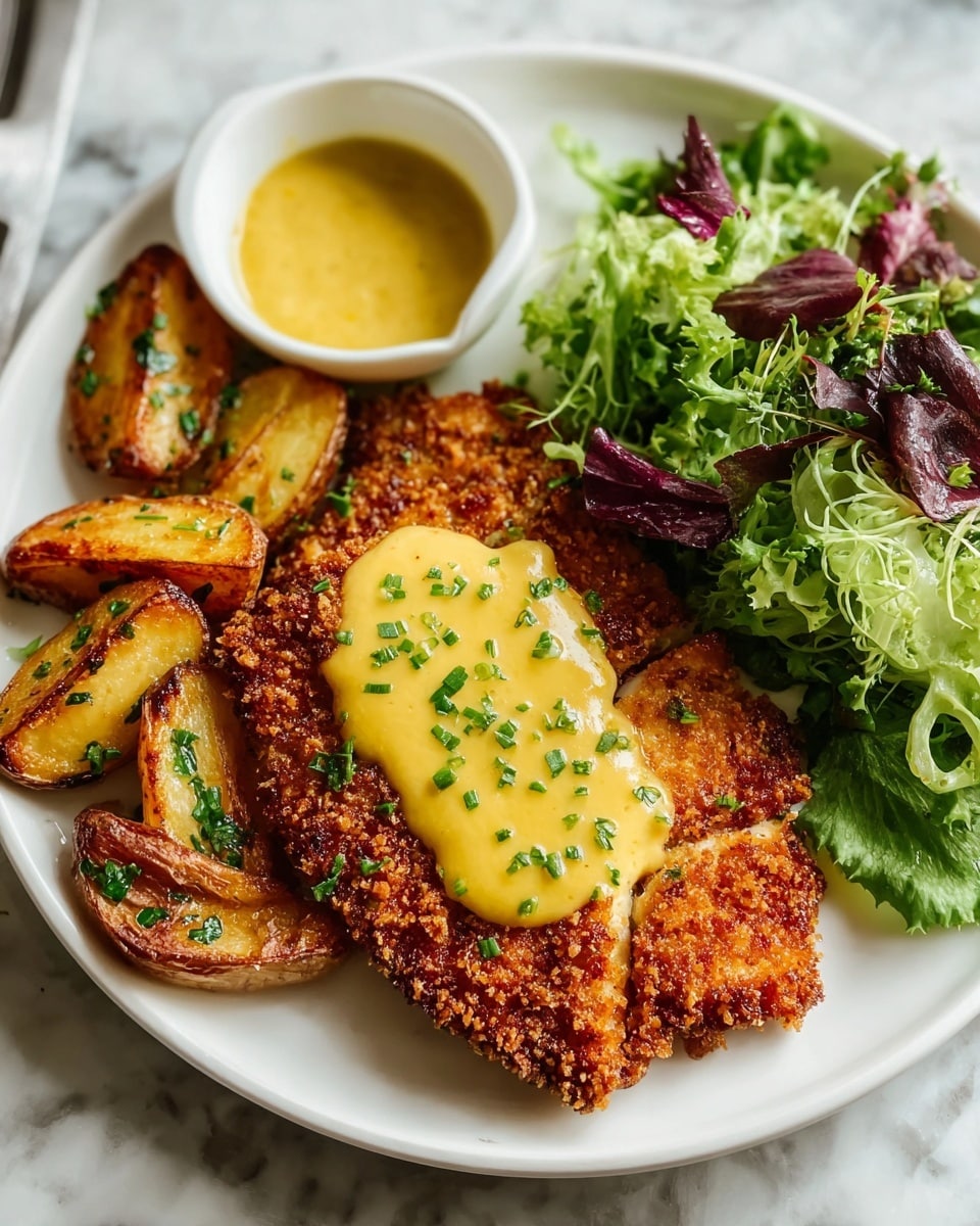 A white plate holds a crispy, golden-brown breaded cutlet with a crunchy texture, topped with a smooth yellow sauce sprinkled with small green herbs. To the left of the cutlet, there are several golden roasted potato wedges with browned edges and bits of green herbs on top. On the right side of the plate, there is a fresh green salad made of curly lettuce leaves mixed with some dark purple leaves. A small white bowl with more yellow sauce sits near the potatoes. The entire plate is set on a white marbled surface. photo taken with an iphone --ar 4:5 --v 7