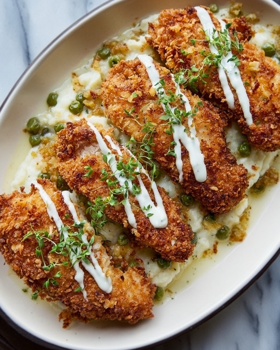 A dark oval white plate holds four large crispy, golden-brown breaded chicken cutlets arranged in a row, each topped with white creamy sauce and green herb bits. Underneath the cutlets is a layer of scattered light yellow corn kernels mixed with small green peas. The background is a white marbled texture. Photo taken with an iphone --ar 4:5 --v 7