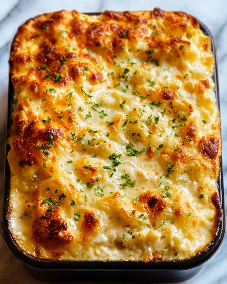 The image shows a close-up of a baked dish in a white rectangular baking pan. The top layer is golden brown with melted cheese that looks bubbly and slightly crispy, sprinkled with small green herbs evenly over the surface. The texture of the cheese is smooth with some browned spots and hints of creamy white underneath. The baking pan sits on a white marbled surface, emphasizing the warm colors of the dish. Photo taken with an iphone --ar 4:5 --v 7
