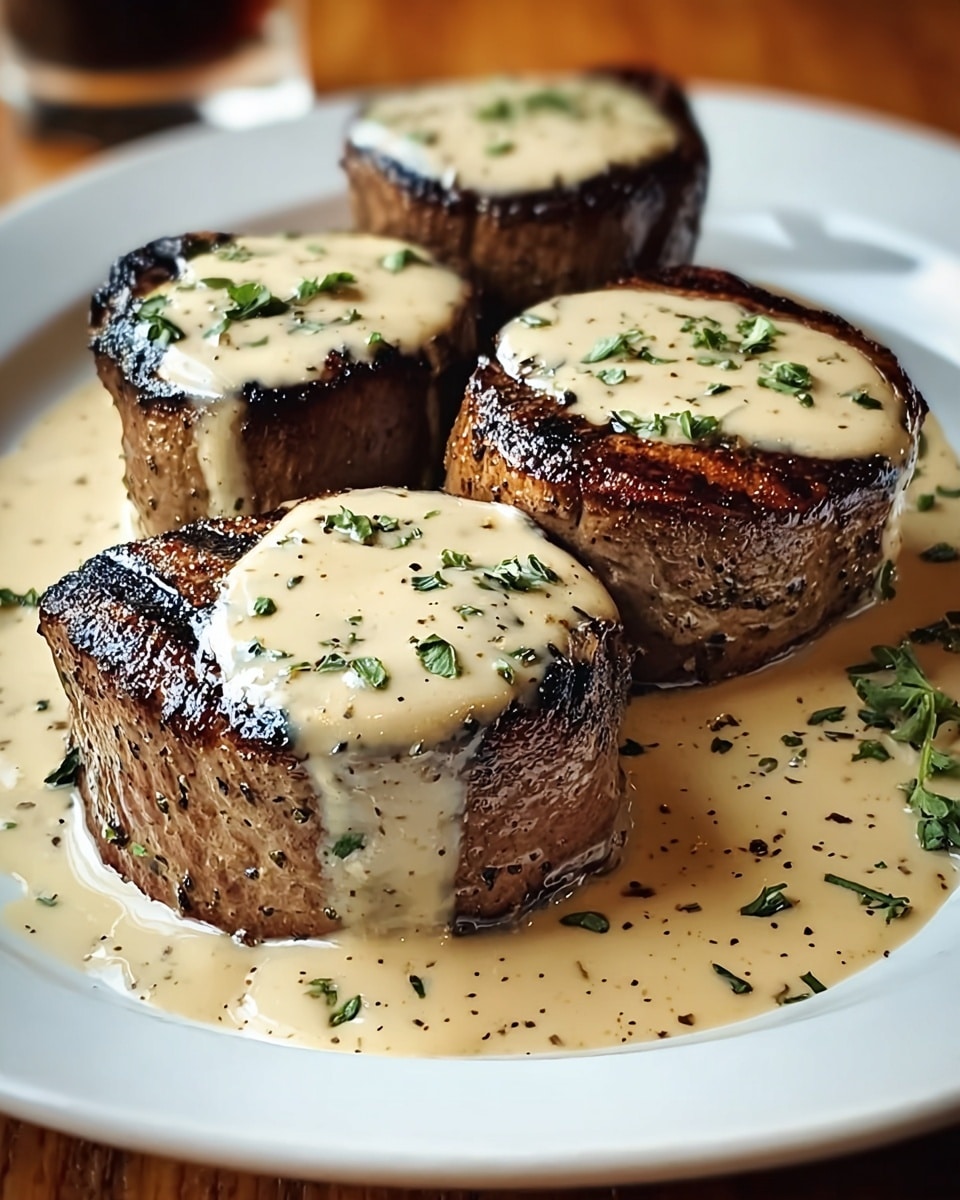 Four thick, round pieces of grilled meat with a dark brown, slightly charred outside are placed on a white plate. Each piece is topped with a smooth, creamy light beige sauce that has small green herb sprinkles on top. More sauce flows on the white plate around the meat, also sprinkled with green herbs and some black pepper. The white marbled texture is visible underneath. The lighting shows a warm, cozy atmosphere. Photo taken with an iphone --ar 4:5 --v 7