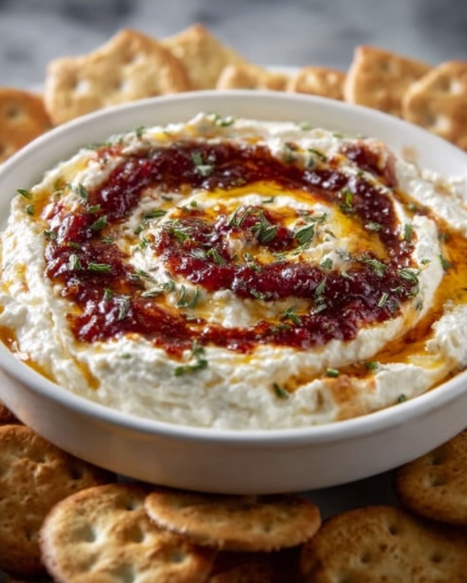 A bowl filled with a creamy white dip topped with a swirl of dark red sauce and a drizzle of golden oil, sprinkled with small green herbs. The bowl is white and sits on a white marbled surface, surrounded by broken light brown crackers. The dip has a smooth, thick texture with the sauces creating a colorful, eye-catching contrast on top. Photo taken with an iphone --ar 4:5 --v 7