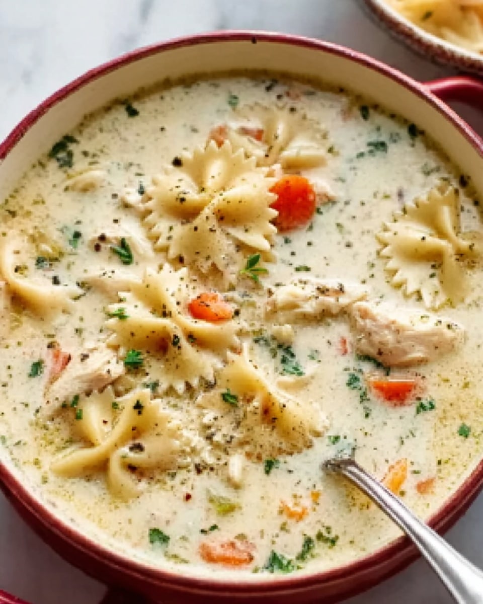 A white bowl filled with creamy chicken noodle soup sits on a white marbled surface. The soup has a thick, smooth cream base with visible pieces of cooked chicken, small orange carrot slices, green herbs sprinkled throughout, and spiral noodles floating on top. A spoon is scooping some soup, showing the mix of broth, noodles, and chicken. The bowl’s edge has a clean, simple look, and the overall dish looks warm and comforting. photo taken with an iphone --ar 4:5 --v 7