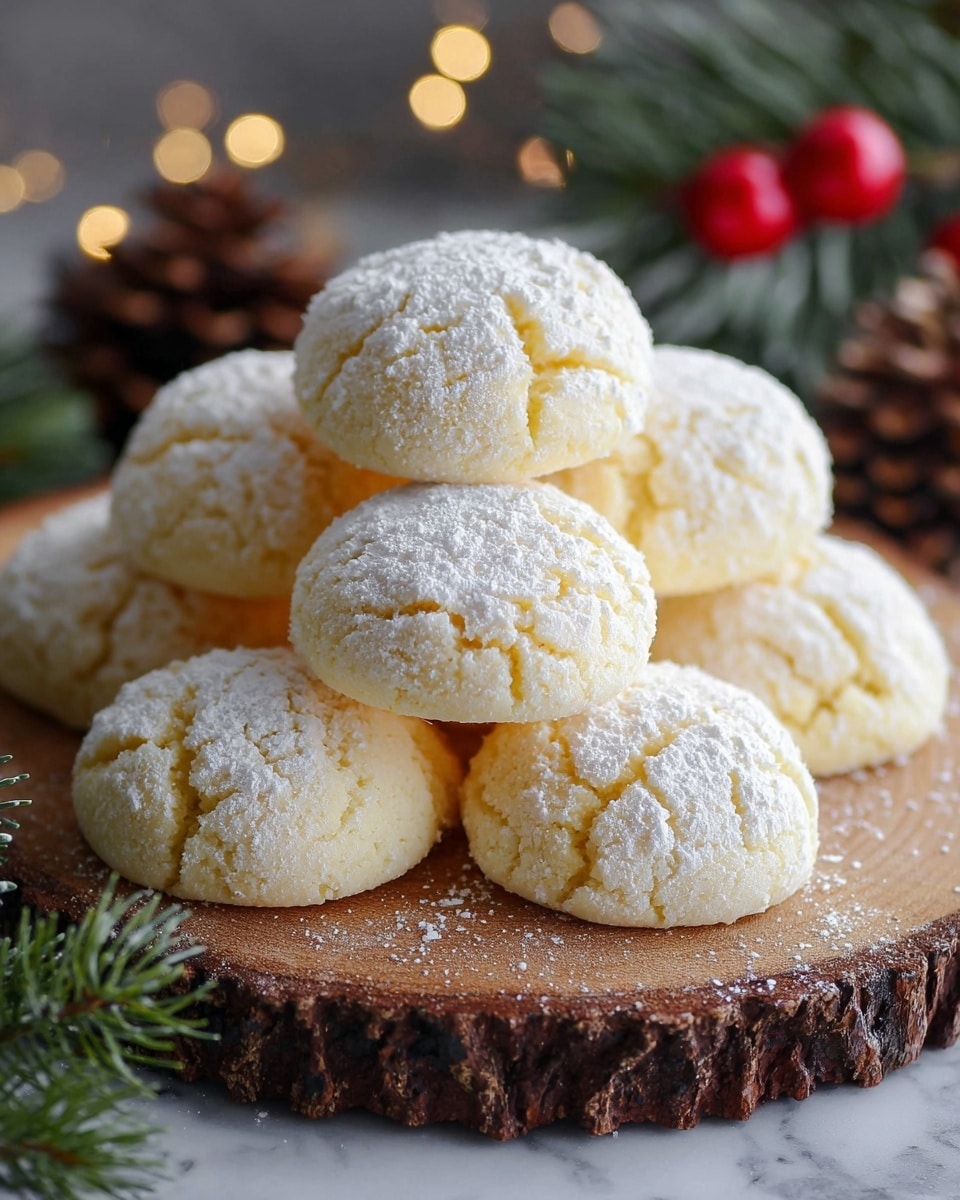 The image shows a pile of seven soft, round yellow cookies with a cracked surface, dusted heavily with white powdered sugar. They are arranged closely together on a rough, circular wooden board with visible bark around the edges. Some powdered sugar is scattered lightly around the board. In the background, there are blurry red berries and green pine branches, adding a festive touch. The surface beneath the board shows a white marbled texture. photo taken with an iphone --ar 4:5 --v 7
