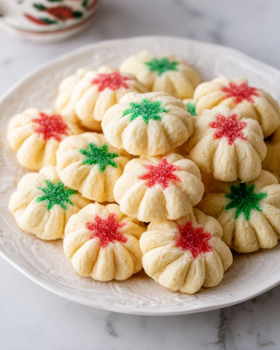 A white plate holds about fifteen small, round cookies that look soft and light. Each cookie has a flower-like shape with deep ridges and is pale cream in color. The top of each cookie is decorated with a small, colored star made of green or red sugar, adding a festive touch. The plate sits on a white marbled surface, bright and clean. photo taken with an iphone --ar 4:5 --v 7