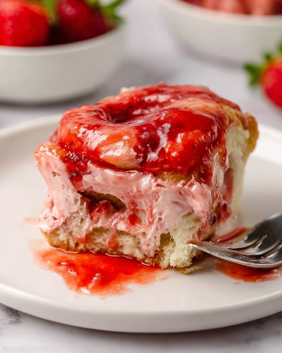 A soft, fluffy cinnamon roll sits on a white plate covered in a shiny, pinkish glaze mixed with bright red strawberry jam that drips down the sides and pools on the plate beneath it; the roll shows its light golden brown layered dough inside, and a fork with some jam on it rests next to the roll, all set on a white marbled surface with a slightly blurred background of fresh strawberries in a white bowl and part of another pastry on a white plate. photo taken with an iphone --ar 4:5 --v 7