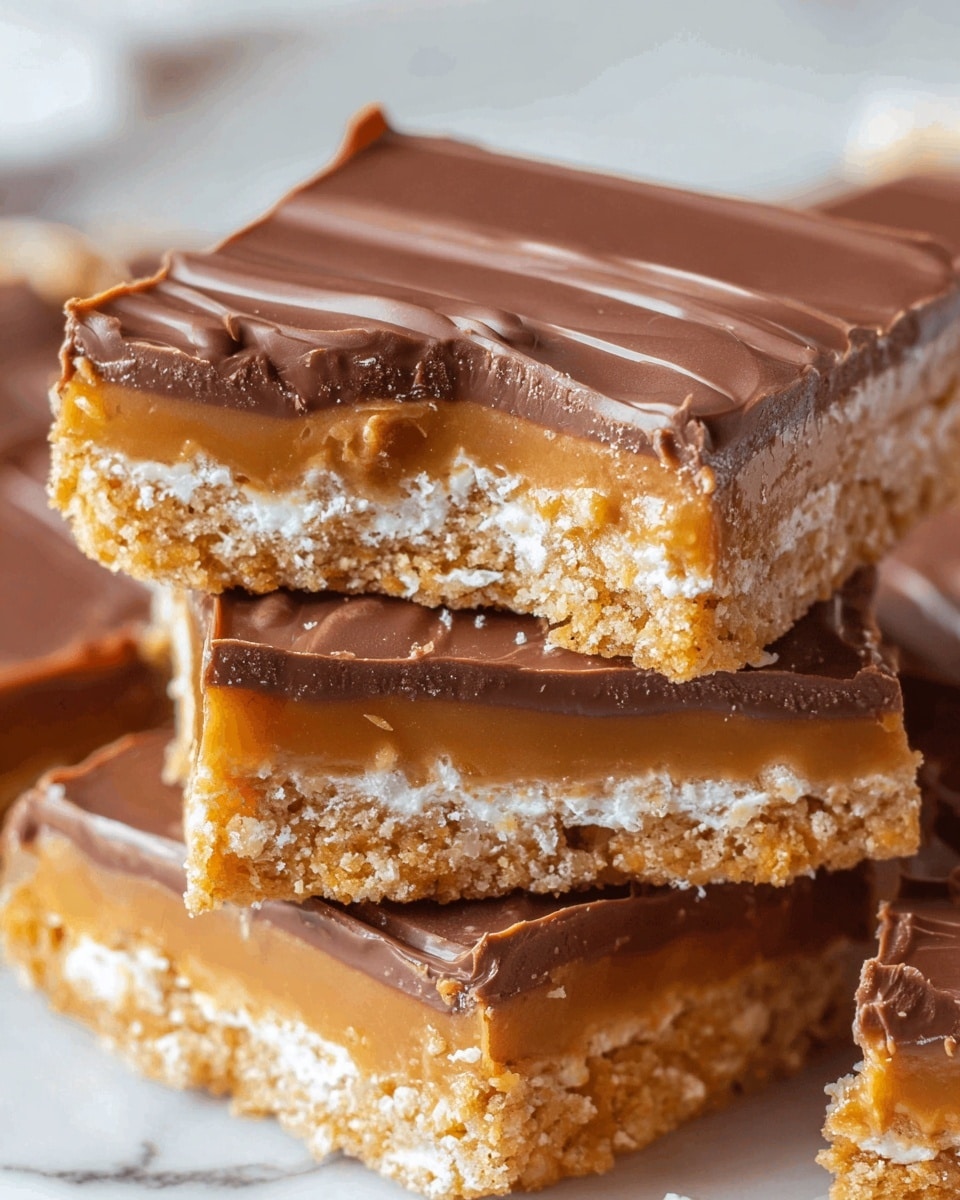 A close-up view of stacked dessert bars showing three visible layers: the bottom layer is a dense, crumbly golden crust; the middle layer is a slightly lighter, crumbly filling with a mix of white and golden bits; the top layer is a thick, smooth, and shiny milk chocolate coating with a few irregular ridges. The bars have clean, sharp edges and are placed on a white marbled surface, emphasizing their rich texture and layers. Photo taken with an iphone --ar 4:5 --v 7