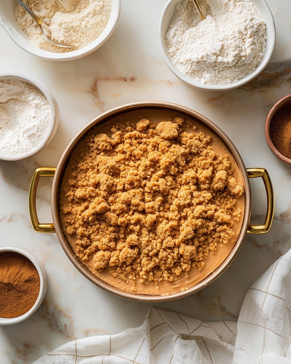 A round baking pan with gold handles holds a dessert with two visible layers: the bottom layer is smooth and light brown, and the top layer is a crumbly, darker brown streusel topping with uneven chunks scattered across the surface. The pan sits on a white marbled surface surrounded by small white bowls containing white flour, brown sugar, and cinnamon. A white cloth with a subtle grid pattern is placed near the bottom right of the pan. photo taken with an iphone --ar 4:5 --v 7