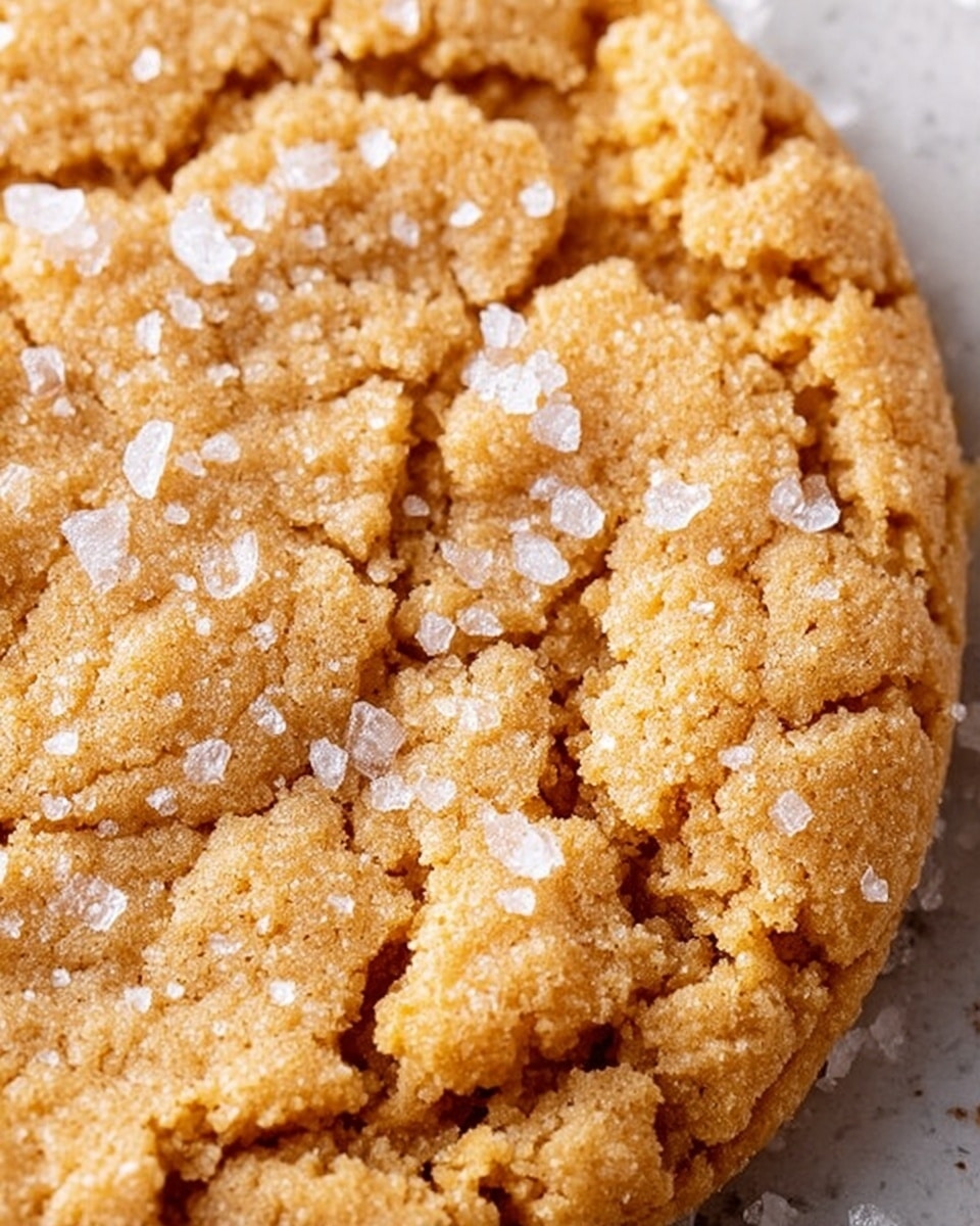 A close-up image shows a single golden-brown cookie with a cracked surface, revealing a soft and textured dough underneath. Large white sugar crystals are scattered unevenly on top, adding sparkle and contrast to the cookie's warm, slightly rough look. The background is a white marbled texture, keeping focus on the cookie's detailed surface. photo taken with an iphone --ar 4:5 --v 7