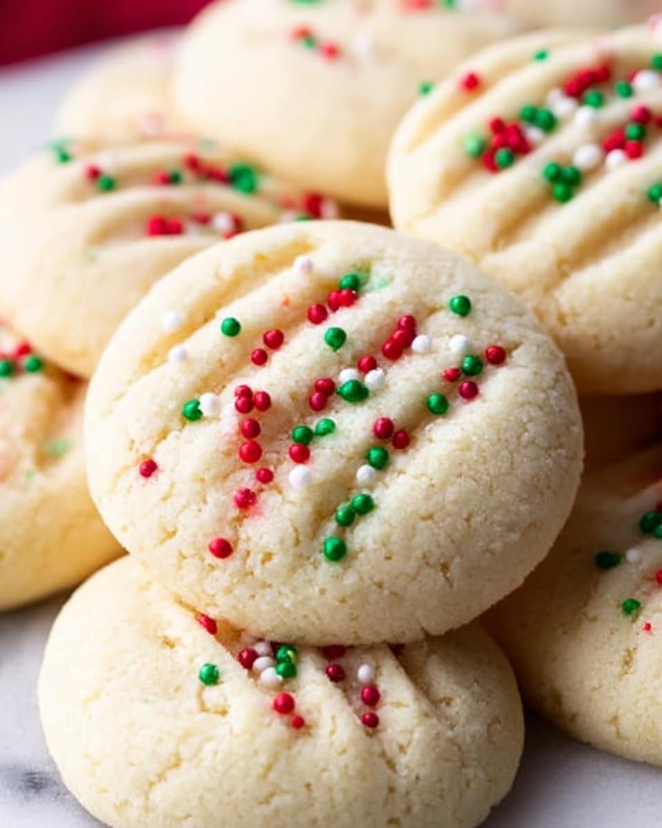 The image shows round, soft sugar cookies with a light beige color. Each cookie has three shallow, parallel indentations on top, adding texture. Bright red, green, and white small round sprinkles are scattered on the surface, mainly inside the indentations but also spread around the centers. The cookies are piled closely together on a white marbled surface, creating a cozy and festive look. The focus is sharp on the front cookie, while the others softly blur in the background. photo taken with an iphone --ar 4:5 --v 7