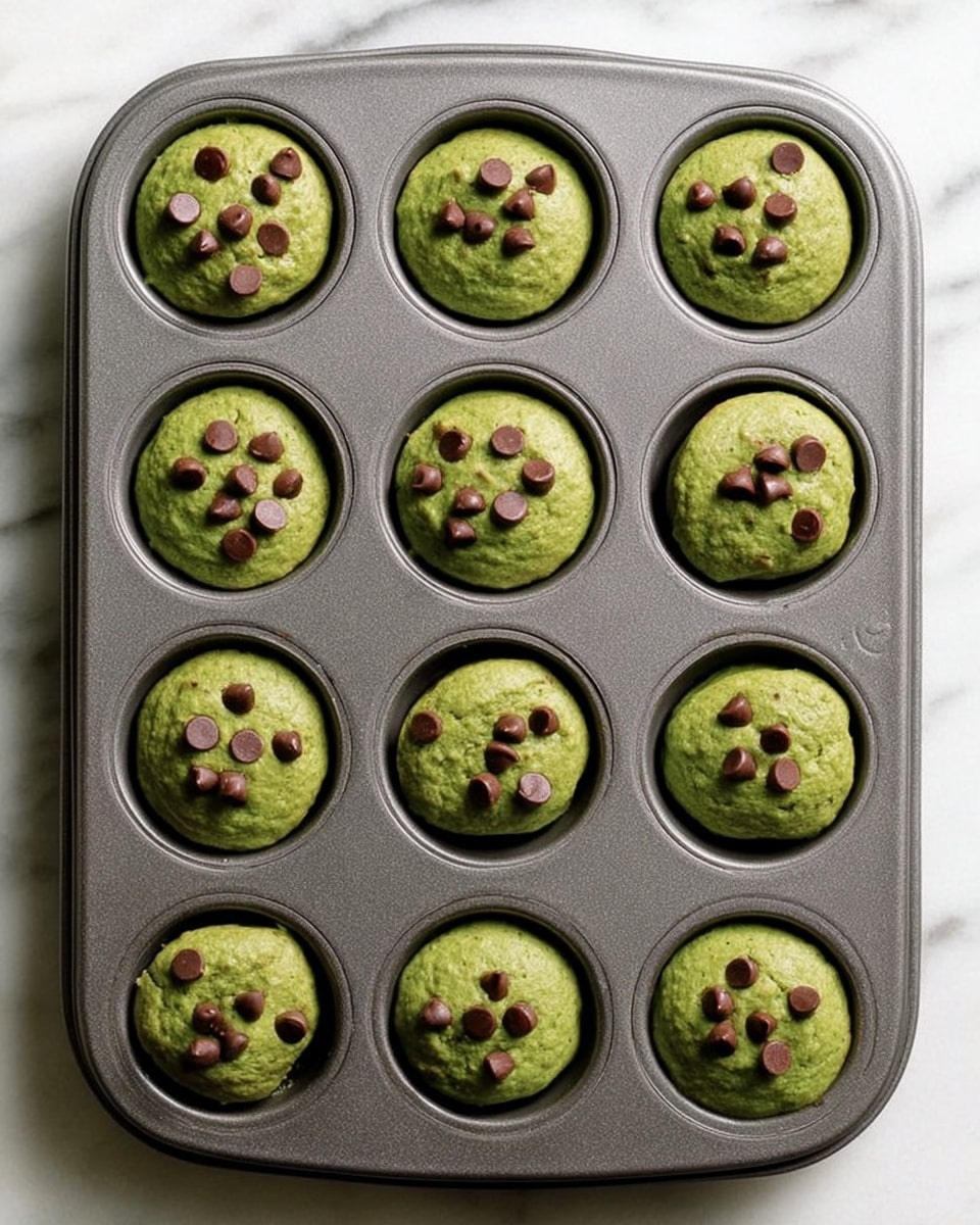 The image shows a dark gray metal muffin tray with twelve round cups, each holding a small green muffin topped with scattered dark brown chocolate chips. The muffins have a smooth, slightly cracked surface with a soft texture and slight dome shape, filling each cup fully. The tray rests on a white marbled surface. photo taken with an iphone --ar 4:5 --v 7