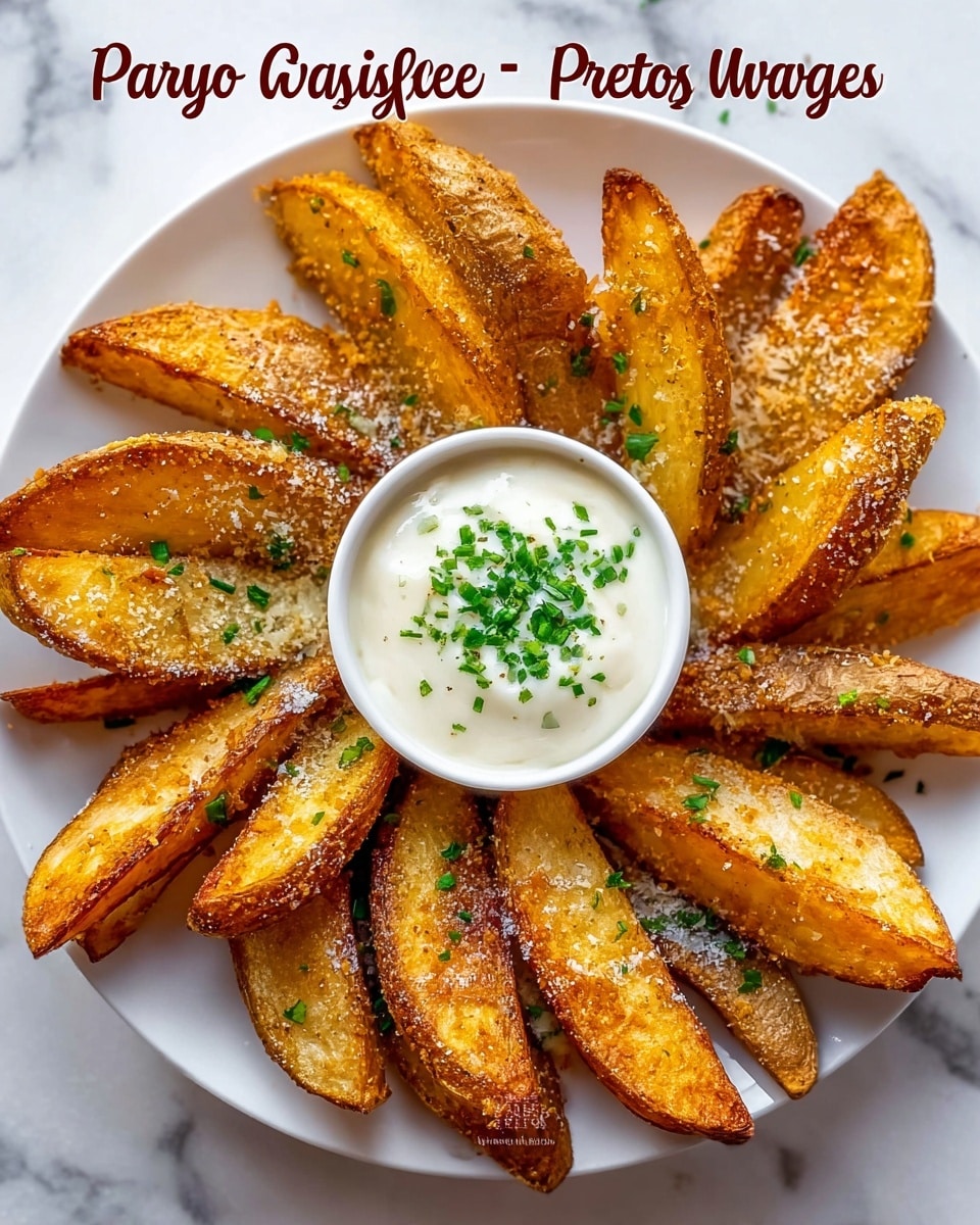 A white plate is filled with golden brown potato wedges arranged in a circle around a small white bowl of creamy garlic parmesan dipping sauce topped with finely chopped green herbs. The potato wedges have a crispy texture with visible specks of parmesan cheese and small green herb bits scattered across their surfaces. The plate is set on a white marbled surface, enhancing the warm colors of the potatoes and creamy sauce. photo taken with an iphone --ar 4:5 --v 7