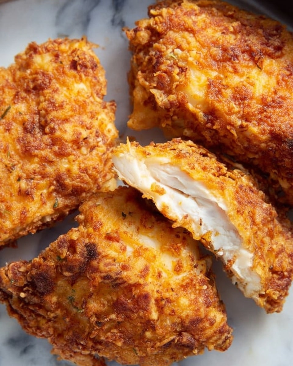 The image shows three pieces of fried chicken placed on a white marbled surface. Each piece has a thick, crispy layer of golden brown breading with a slightly uneven texture, featuring some bubbly and crunchy spots. One piece is partially cut open, revealing tender, juicy white meat inside with a moist texture contrasting against the rough crust. The chicken pieces have a warm color palette of golden yellow, light brown, and white. Photo taken with an iphone --ar 4:5 --v 7