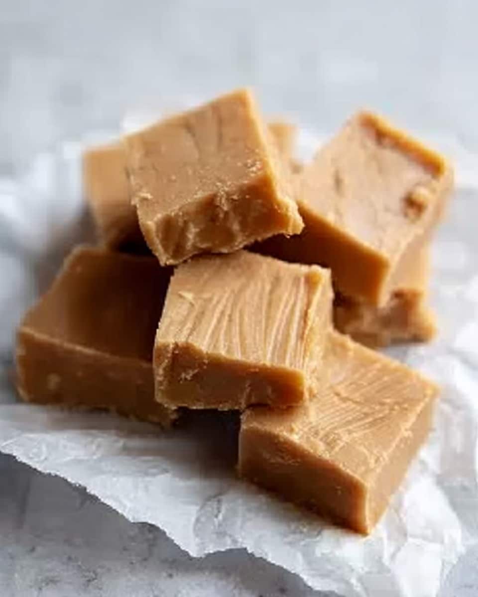 The image shows several square pieces of light brown fudge with a smooth, slightly shiny texture on top and visible ridges and cracks. The fudge pieces are stacked unevenly on torn white parchment paper, which rests on a white marbled surface. The overall look is simple and rustic, with the soft brown color of the fudge contrasting gently against the white background. photo taken with an iphone --ar 4:5 --v 7