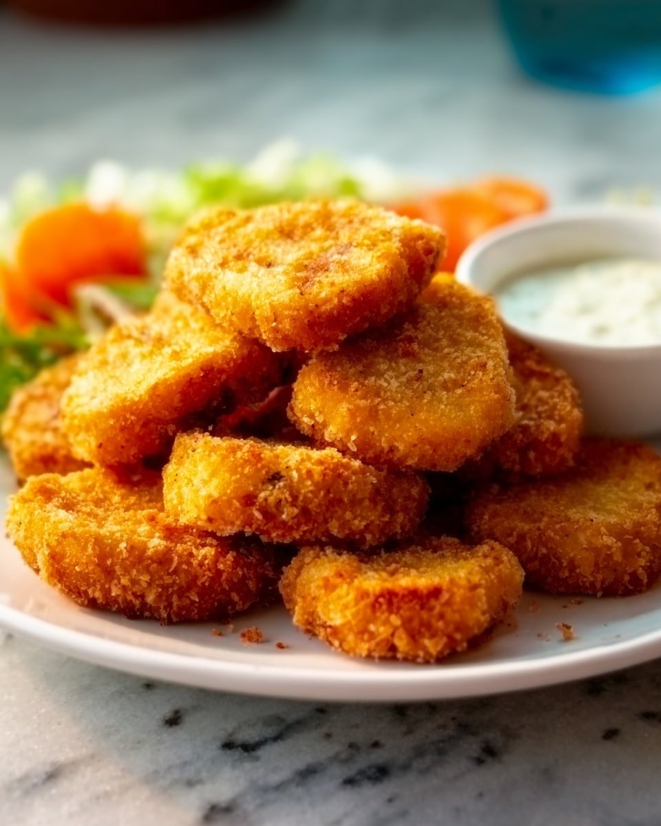 A white plate holds a stack of eight golden brown crispy fried nuggets with a rough crunchy texture, arranged in a pyramid shape. Near the back edge of the plate, there is a small white round bowl filled with creamy white dipping sauce. The background shows a soft white marbled surface with some blurred green and orange shapes that suggest vegetables or salad. The lighting creates a warm and inviting look, highlighting the crunchy coating on the nuggets. Photo taken with an iphone --ar 4:5 --v 7