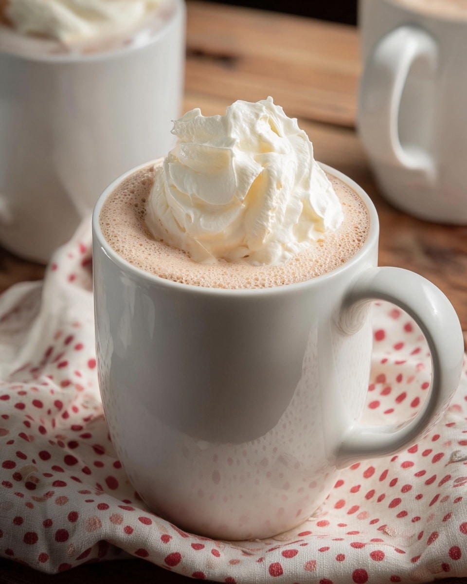 A white mug filled with light brown hot chocolate topped with a generous swirl of thick, white whipped cream sitting on a wooden surface, with a soft, pink polka-dotted cloth on the side and parts of two other white mugs blurred in the background, all against a white marbled texture. photo taken with an iphone --ar 4:5 --v 7