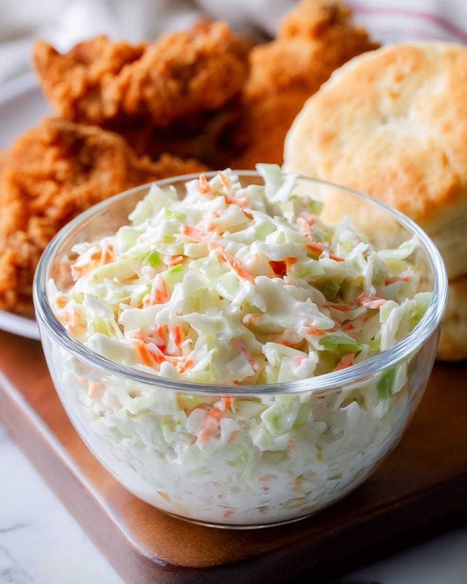 A clear glass bowl filled with creamy coleslaw sits in the center, showing finely shredded pale green cabbage and small pieces of bright orange carrots mixed evenly throughout a smooth, white dressing. Behind the bowl, there are golden-brown pieces of crispy fried chicken with a rough texture, and two soft, light brown biscuits with a flaky surface. All items rest on a dark wooden board placed on a white marbled surface. photo taken with an iphone --ar 4:5 --v 7