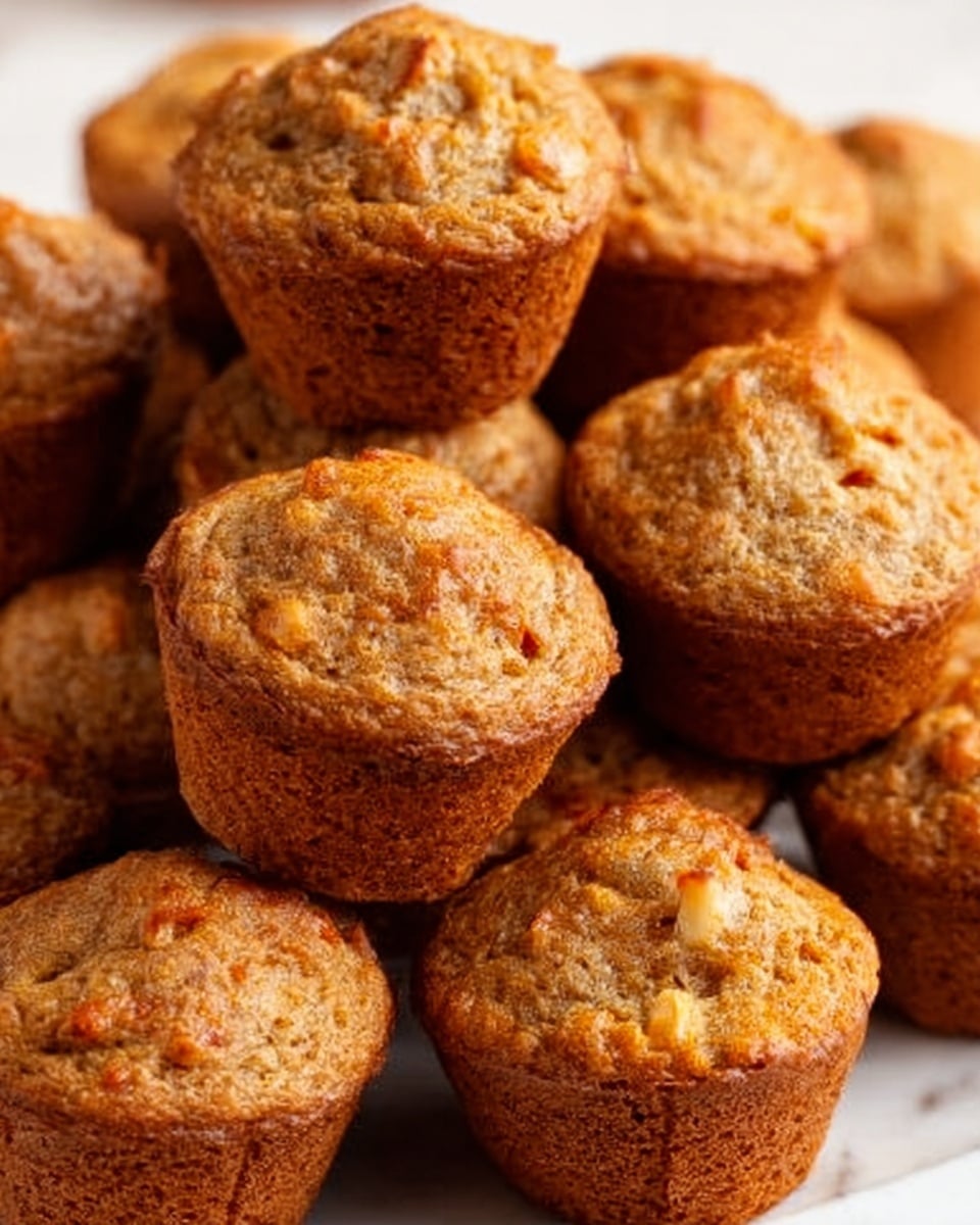 The image shows a close-up of a pile of small, golden-brown muffins with a slightly rough texture, each muffin having small bits of ingredients visible inside, suggesting a moist, dense interior. The muffins are stacked closely together, filling the frame, with some overlapping and casting subtle shadows on one another. The background is a white marbled surface, giving a clean and bright look to the image. Photo taken with an iphone --ar 4:5 --v 7