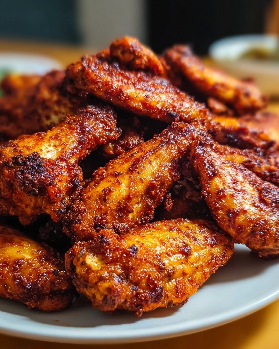 A plate full of crispy chicken wings piled high, each wing showing a rich, deep reddish-brown color with a slightly glossy surface from a spicy sauce coating. The wings have a textured look from the seasoning and crisp skin, stacked closely in layers on a white plate with light marbling visible beneath. The edges of the wings show a slight charring to add extra crunch and flavor, and the background is softly blurred to keep the focus on the juicy wings. photo taken with an iphone --ar 4:5 --v 7